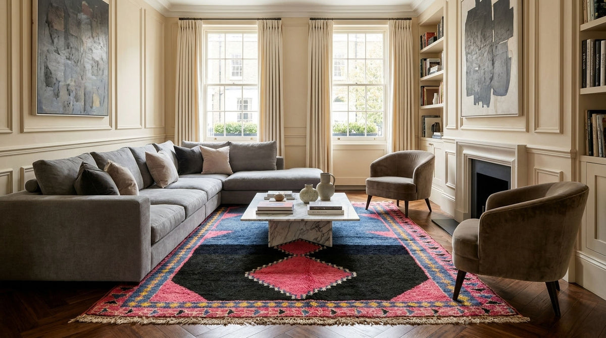 A superb multicolor geometric area rug fom Morocco on a dark wood floor.A styled living room featuring a large gray sectional sofa, two brown armchairs, a white coffee table.