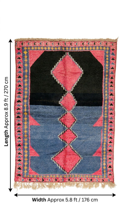 A rectangular Moroccan rug shown flat against a white background with dimension arrows.
