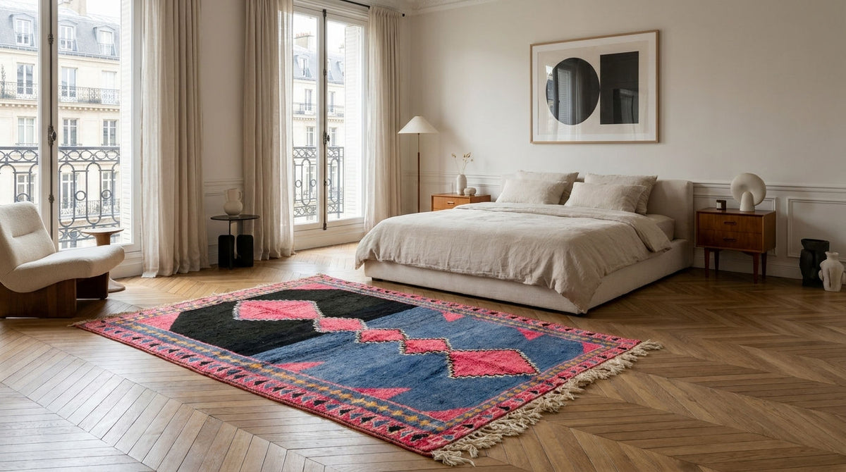 A large area rug with a geometric pattern in blue, black, and pink, styled on a light wood parquet floor in a modern, sunlit bedroom.