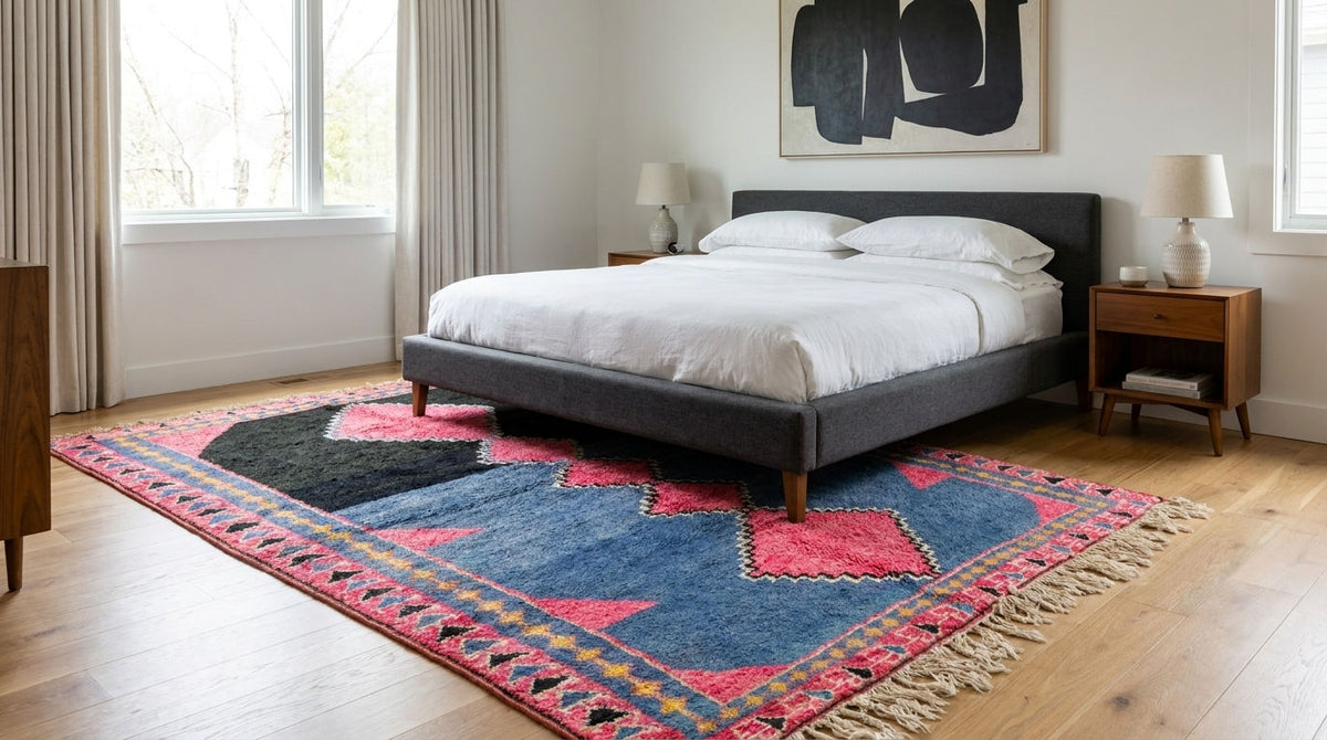 A styled bedroom scene featuring a large, colorful geometric area rug with blue, pink, and black patterns on a light wood floor. The rug is positioned under a dark gray upholstered bed with white bedding, flanked by wooden nightstands and lamps.