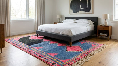 A styled bedroom scene featuring a large, colorful geometric area rug with blue, pink, and black patterns on a light wood floor. The rug is positioned under a dark gray upholstered bed with white bedding, flanked by wooden nightstands and lamps.