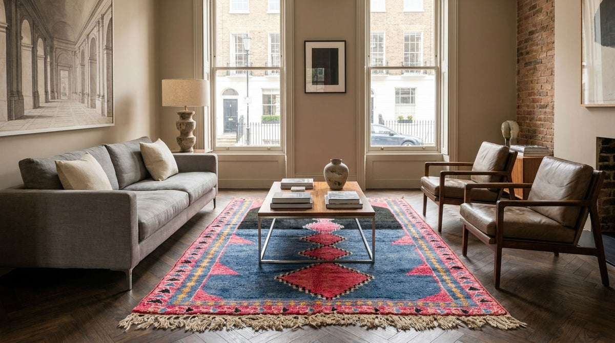 A Moroccan Azilal rug.
A styled living room featuring a prominent blue and red patterned area rug under a glass-top coffee table, flanked by a gray sofa and two brown leather armchairs.
