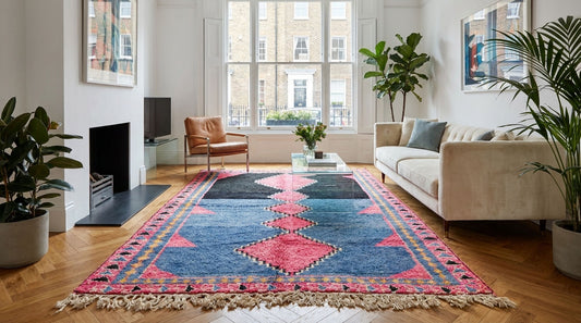 A large rectangular Moroccan Azilal area rug with a blue, pink, and red geometric tribal pattern and fringe, styled in a bright modern living room with a beige sofa, brown leather armchair, and potted plants.