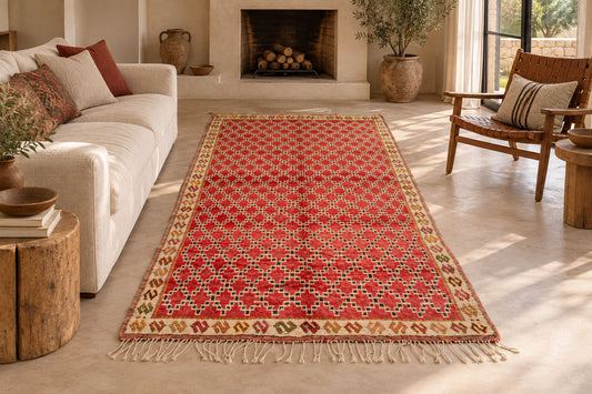 A rectangular red area rug with a geometric diamond pattern and cream fringe, styled in a bright, modern living room next to a white sofa and a wooden chair.