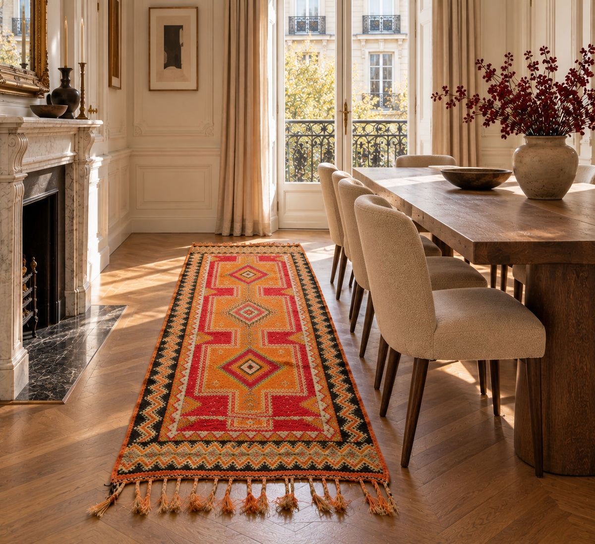 A long geometric patterned wool runner rug in red, orange, yellow, and black is styled on a wooden floor in a bright, elegant dining room with a wooden table, beige chairs, and a fireplace.