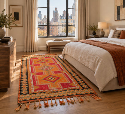 A colorful geometric area rug with tassels styled in a modern, sunlit bedroom with a bed, wooden furniture, and a large window overlooking a city skyline.