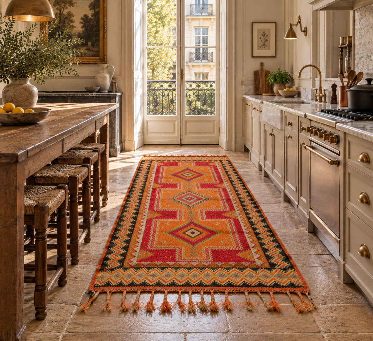A long rectangular woven runner rug with geometric patterns in red, orange, yellow, and black, featuring tassels at the ends, displayed in a bright, modern kitchen.