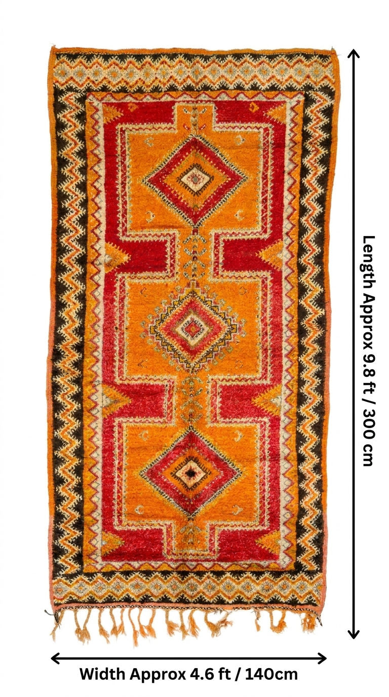 A rectangular patterned rug shown flat against a white background with black dimension arrows and text indicating approximately 9.8 ft by 4.