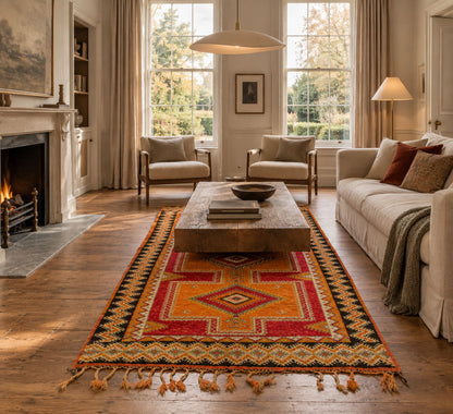 This one-of-a-kind 1970s vintage Moroccan wool rug was hand-knotted by a Berber woman artisan in the High Atlas Mountains of Morocco using traditional Taznakht rug-making techniques.
A large Southwestern-style area rug with red, orange, yellow, and black geometric patterns and tassels, styled in a warm, sunlit living room with a wooden coffee table and cream-colored furniture.