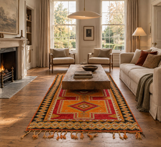 This one-of-a-kind 1970s vintage Moroccan wool rug was hand-knotted by a Berber woman artisan in the High Atlas Mountains of Morocco using traditional Taznakht rug-making techniques.
A large Southwestern-style area rug with red, orange, yellow, and black geometric patterns and tassels, styled in a warm, sunlit living room with a wooden coffee table and cream-colored furniture.