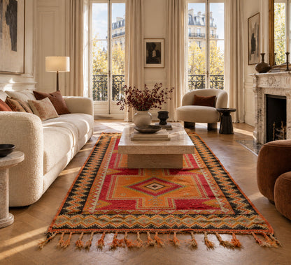 This one-of-a-kind 1970s vintage Moroccan wool rug was hand-knotted by a Berber woman artisan in the High Atlas Mountains of Morocco using traditional Taznakht rug-making techniques.A colorful geometric area rug with fringe, styled in a bright, elegant living room with cream-colored furniture and large windows.