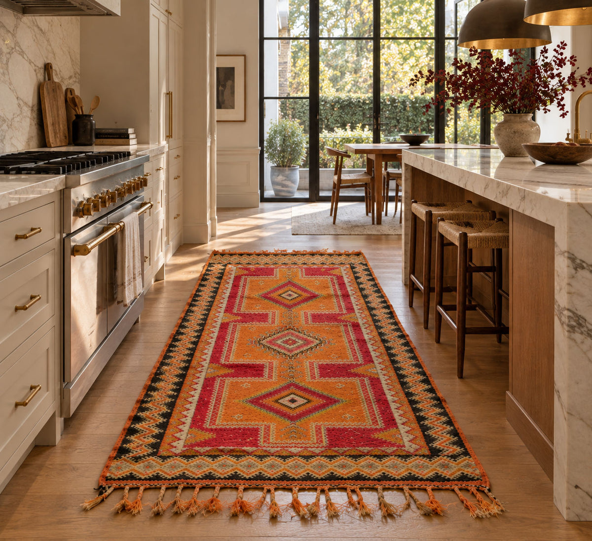 A long rectangular area rug with a Southwestern geometric pattern in red, orange, yellow, black, and beige, featuring tassels at the ends, shown in a bright, modern kitchen.