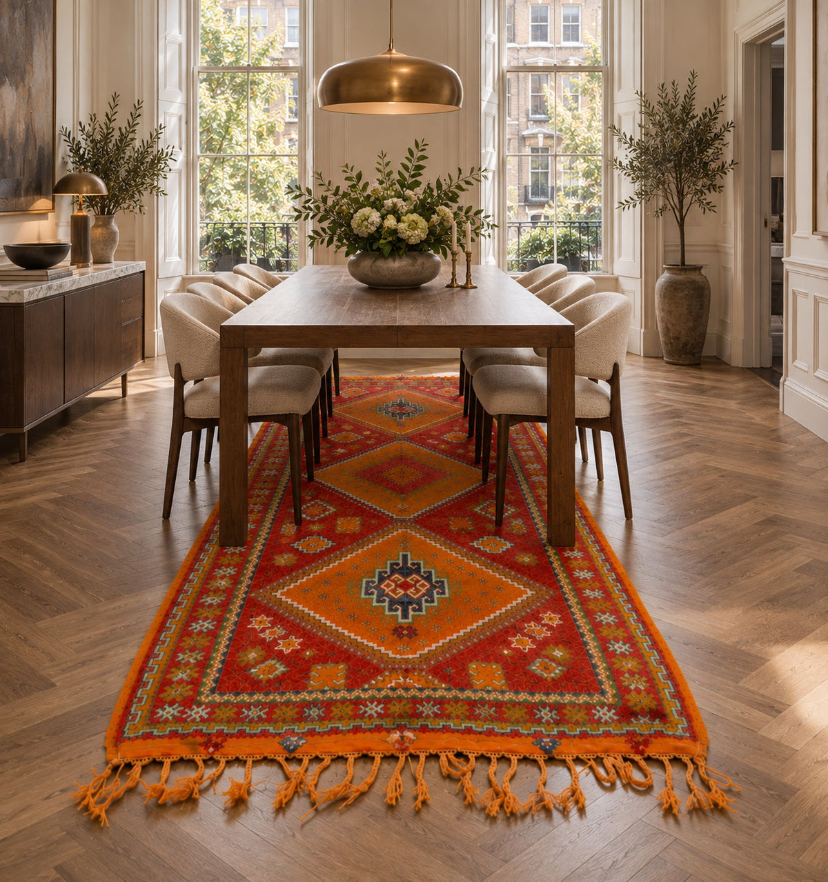 A vibrant red and orange geometric area rug with fringe, styled on a wooden dining table in a bright, modern dining room with herringbone wood floors.