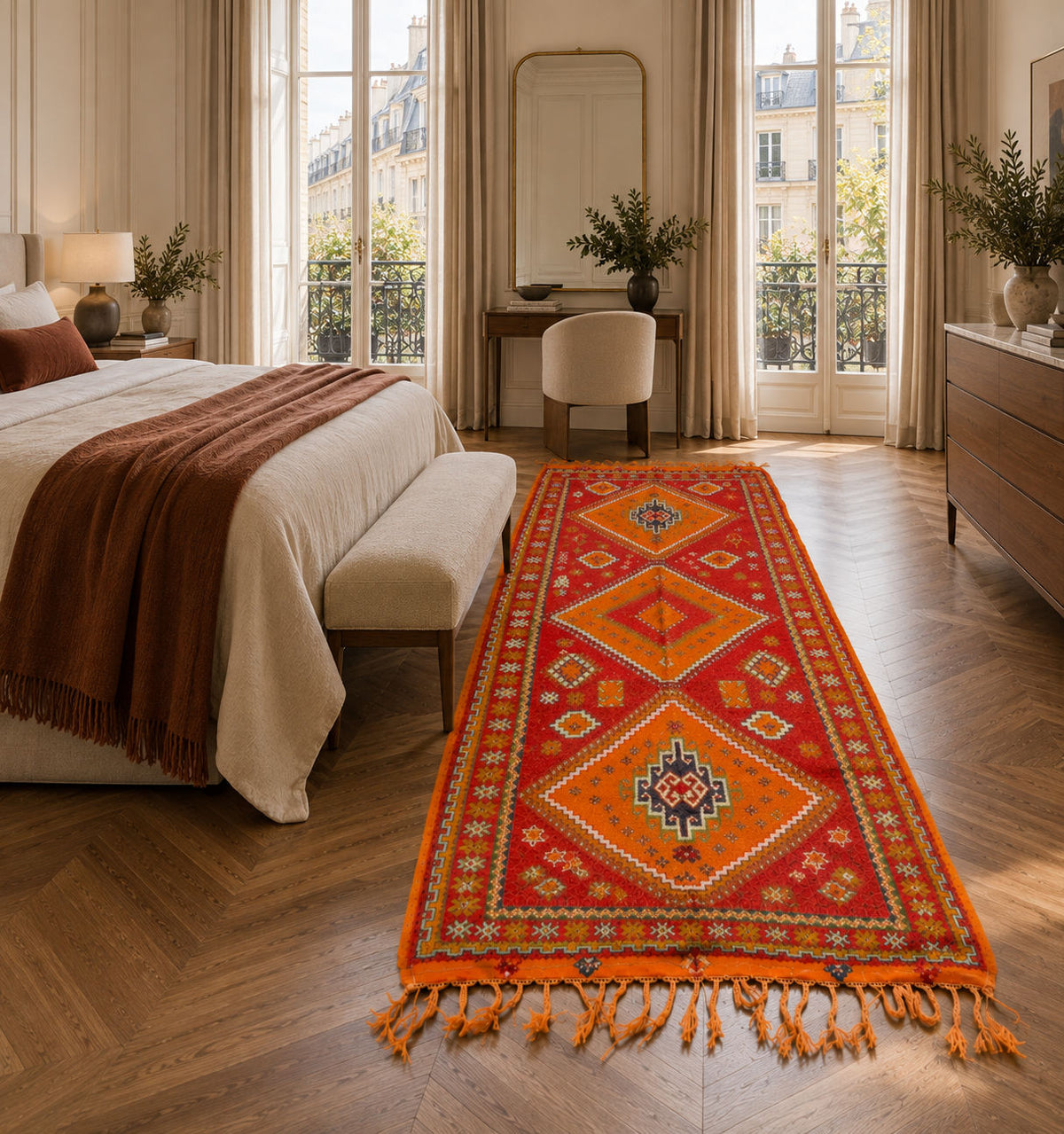 A long red and orange geometric Moroccan runner rug with tassels is styled on a wooden floor in a bright, modern bedroom with a bed, bench, and large windows.