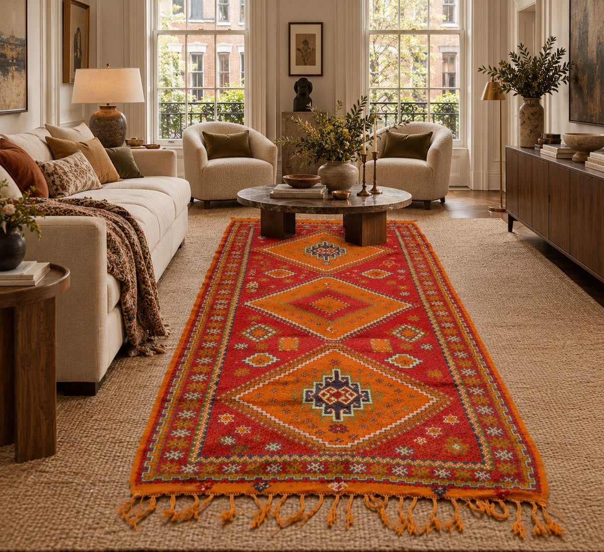 A vibrant red and orange geometric area rug with tassels, styled in a bright, modern living room with cream armchairs, a wooden coffee table, and neutral-toned walls.