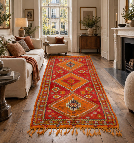 This one-of-a-kind 1970s vintage Moroccan wool rug was hand-knotted by a Berber woman artisan in the High Atlas Mountains of Morocco using traditional Taznakht rug-making techniques.
A long red and orange patterned area rug with geometric motifs and tassels, shown in a styled living room with a sofa, chair, fireplace, and wood floor.