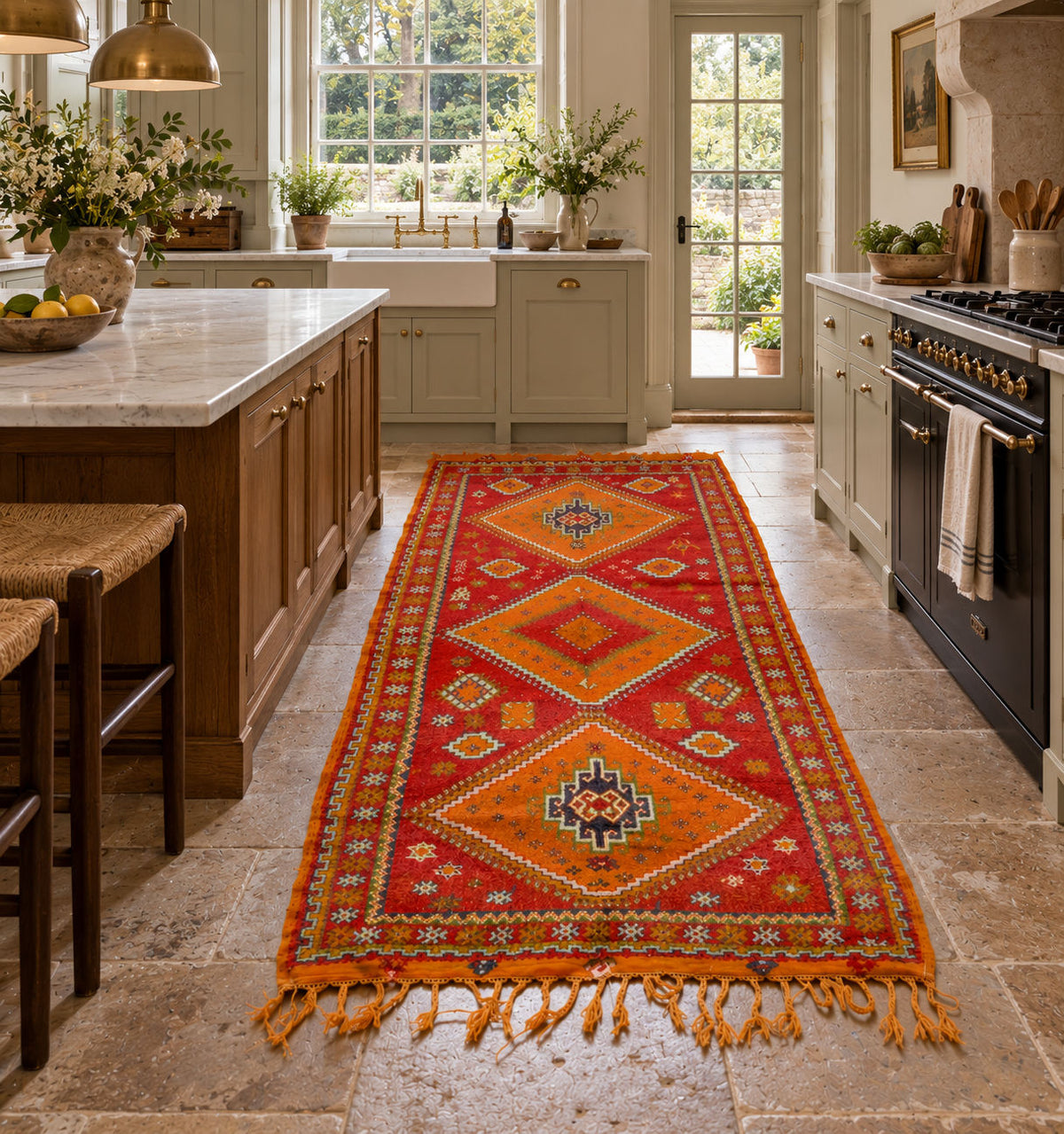 A long red and orange geometric patterned runner rug with tassels is displayed on a stone tile kitchen floor between wooden cabinets and a black stove.
