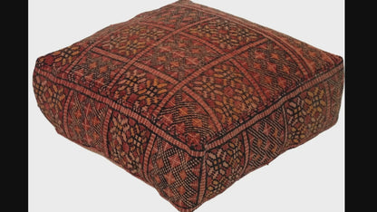 Video of vintage Moroccan rug pouf terracotta red showing texture and Berber details 
