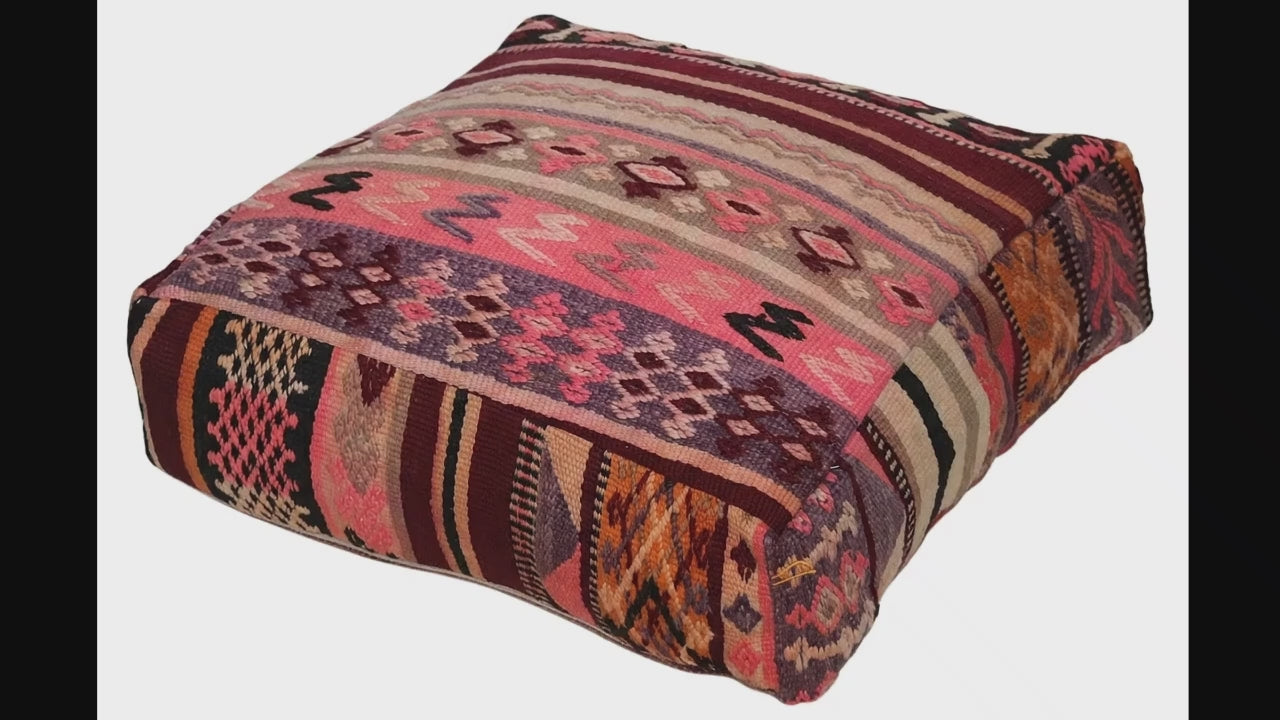 Video of vintage Moroccan kilim pouf  burgundy mutli showing texture and Berber details 