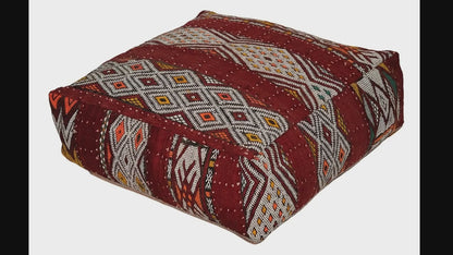 Video of vintage Moroccan tribal red kilim pouf cover showing texture and Berber details 
