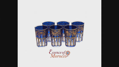 Moroccan Tea Glasses Blue & Gold Beautiful Classical Design Hand Painted Decorated Pack of 6