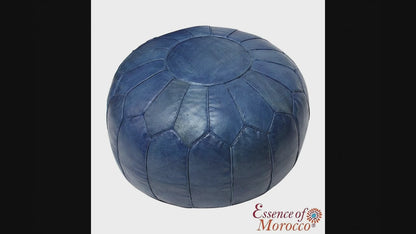 STUFFED Moroccan Pouffe Pouf Ottoman Footstool in Vintage Blue Tan Leather Handmade