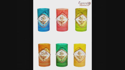 Moroccan Tea glasses Multicoloured Gold Hand Decorated Hand Painted with an Embossed Berber Fibula Design with beads Set of 6 (Ref. TG1)