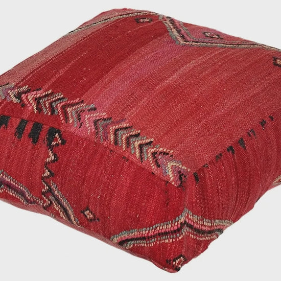 Video of vintage Moroccan red kilim pouf cover showing texture and Berber details