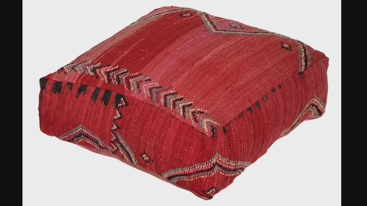 Video of vintage Moroccan red kilim pouf cover showing texture and Berber details