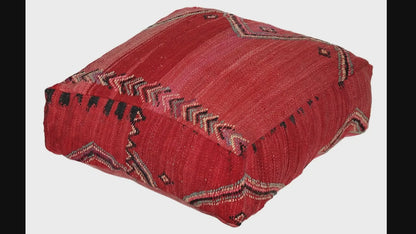 Video of vintage Moroccan red kilim pouf cover showing texture and Berber details