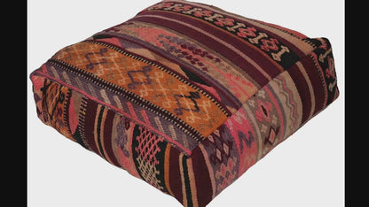 Video of vintage Moroccan kilim pouf burgundy rose multi showing texture and Berber details 