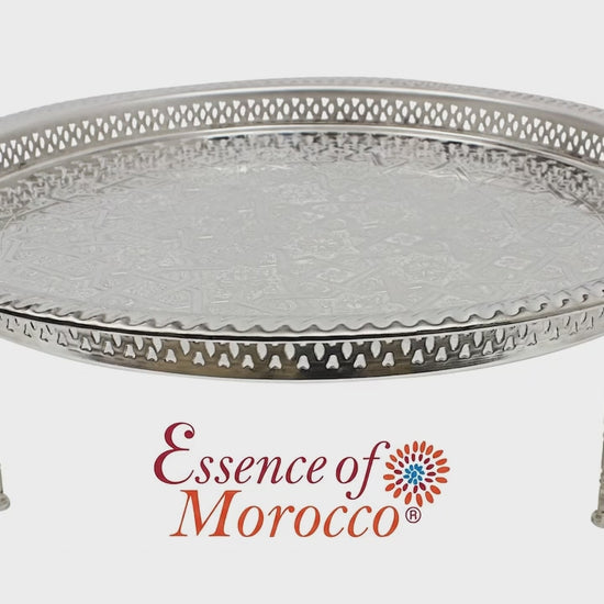 video of moroccan Maillechort serving tray with legs zoomed in and zoomed out