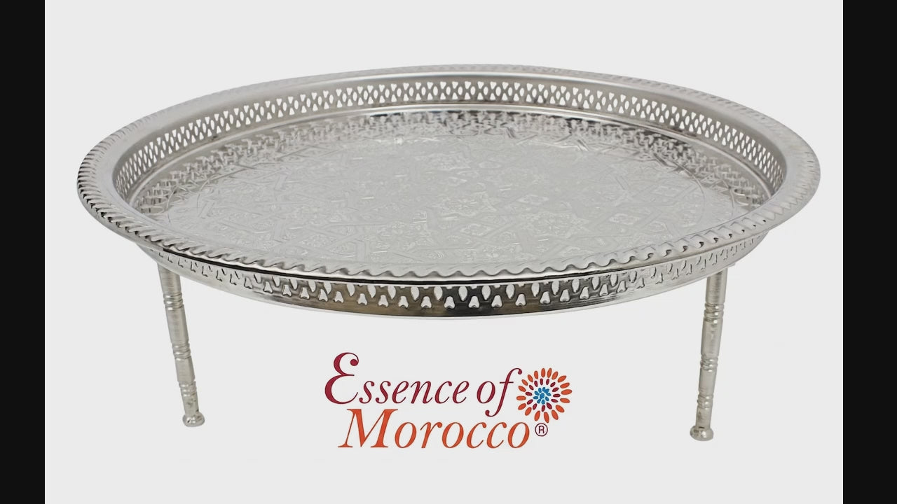 video of moroccan Maillechort serving tray with legs zoomed in and zoomed out