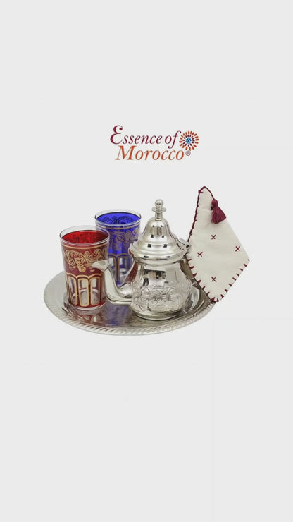 Moroccan Mint Tea Gift Set Small: Small Teapot, Silver Tray 23.5cm, Teapot Holder and 2 Tea Glasses