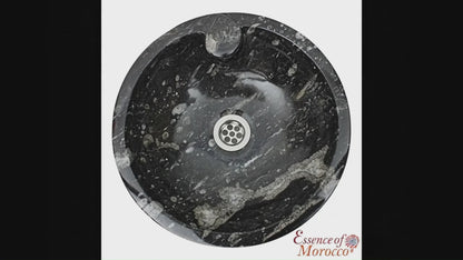 Moroccan Sink Washbasin Wash Basin Fossilised Marble Stone Black Hand Carved Free Waste 40 cm (SW843)