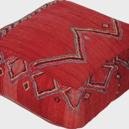 Video of vintage Moroccan kilim pouf red tribal showing texture and Berber details 