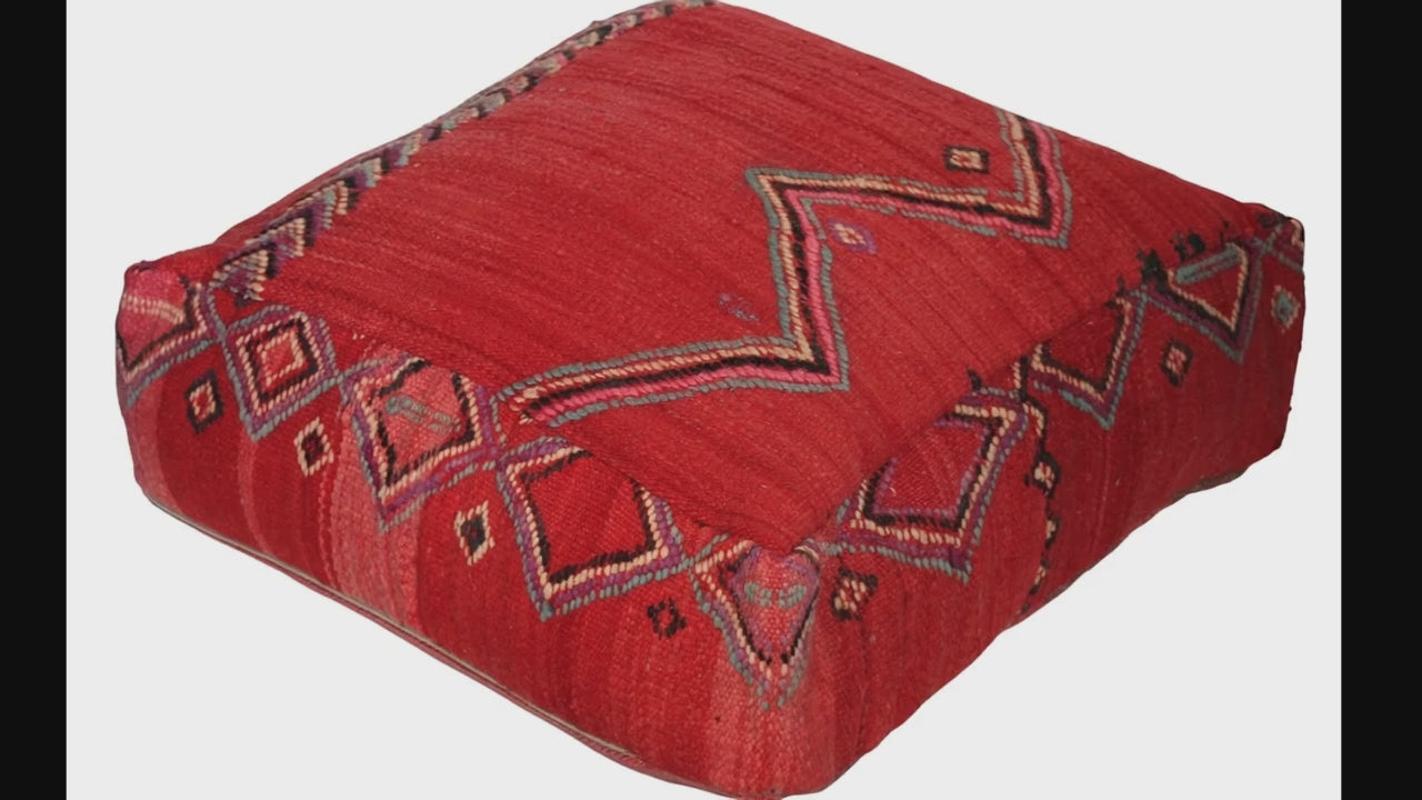 Video of vintage Moroccan kilim pouf red tribal showing texture and Berber details 