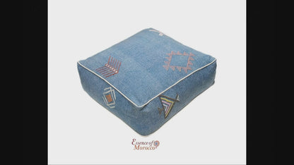 Moroccan Sabra Silk Pouf Pouffe Floor Cushion Pillow Cover Blue Handmade (SP8)
