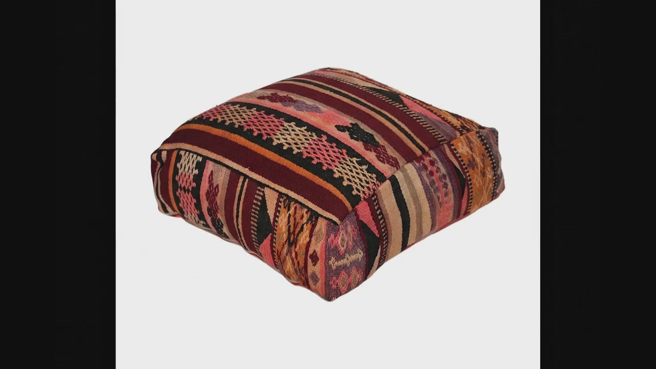 Video of vintage Moroccan kilim pouf pouf  burgundy multi showing texture and Berber details 