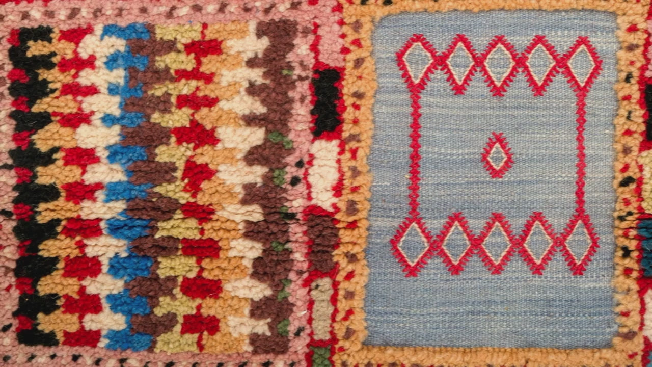 video close-up of  moroccan multicoloured rug.