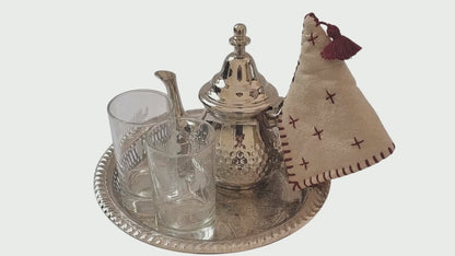 Small Moroccan Hammered Tea Set – Maillechort Teapot, 2 Glasses, Tray & Free Handle Cover