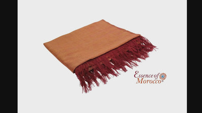 Sabra Silk Scarf – Handwoven Moroccan Shawl with Fringe – Lightweight Luxury Wrap – Coral Gold – 180x60 cm