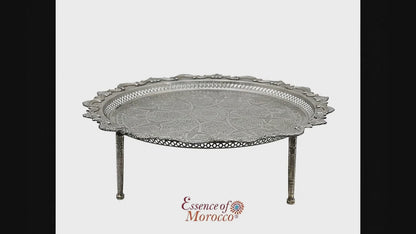 Vintage Moroccan Serving Tray Table with Removable Legs – 59 cm Silver Maillechort