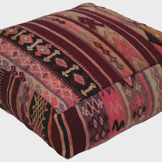 Video of vintage Moroccan kilim pouf burgundy rose showing texture and Berber details 