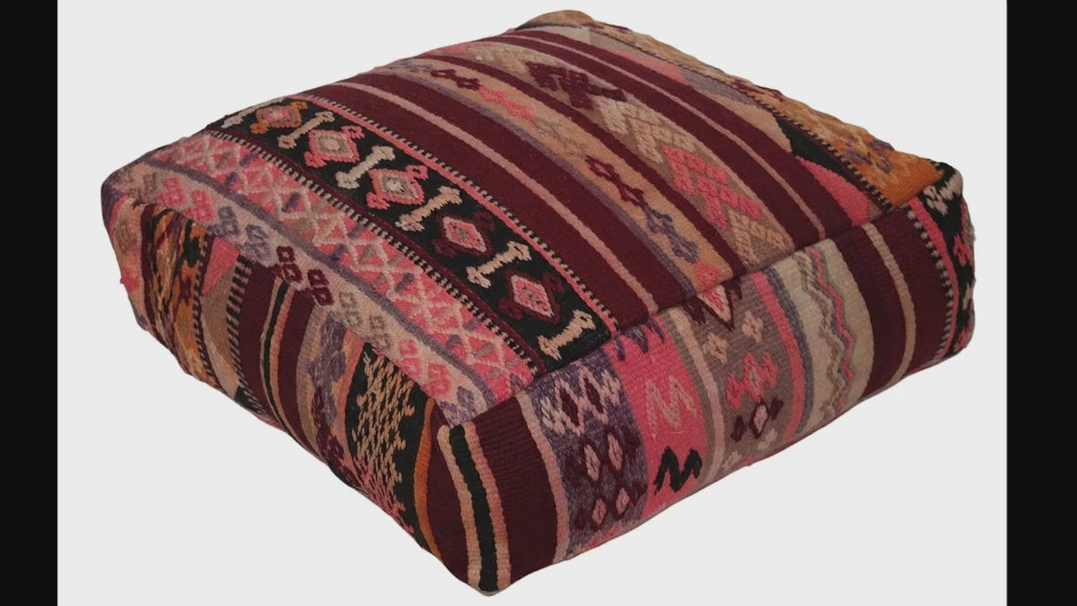 Video of vintage Moroccan kilim pouf burgundy rose showing texture and Berber details 