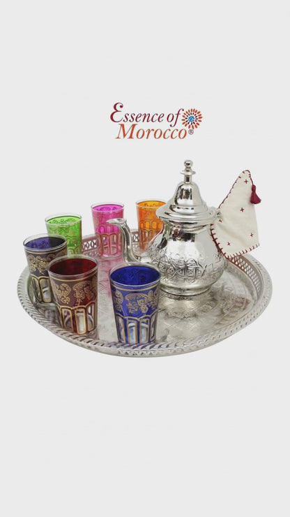 Moroccan Mint Tea Set Large: Silver Tray, Large Teapot, 6 Multicoloured Tea Glasses