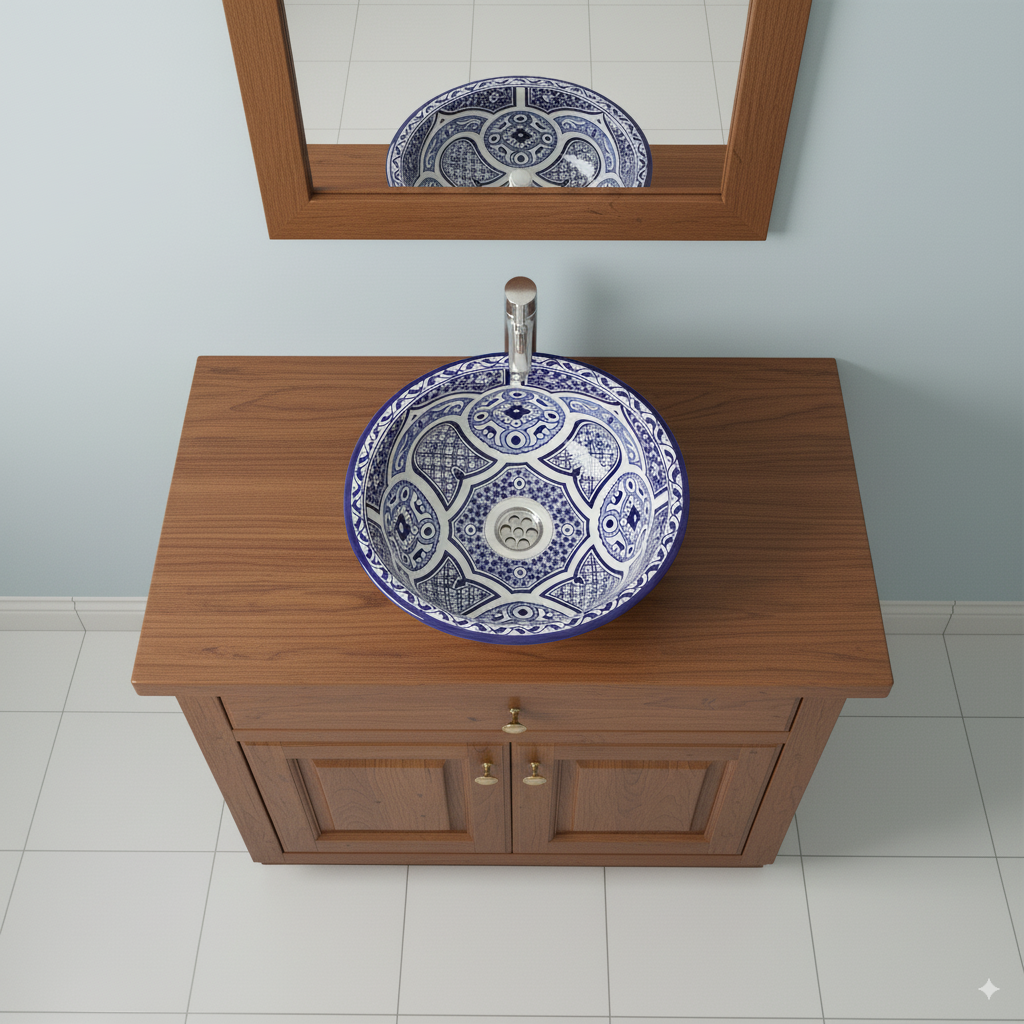 Moroccan Sink Washbasin Wash Basin Ceramic Handmade Blue Free Waste (SW119)