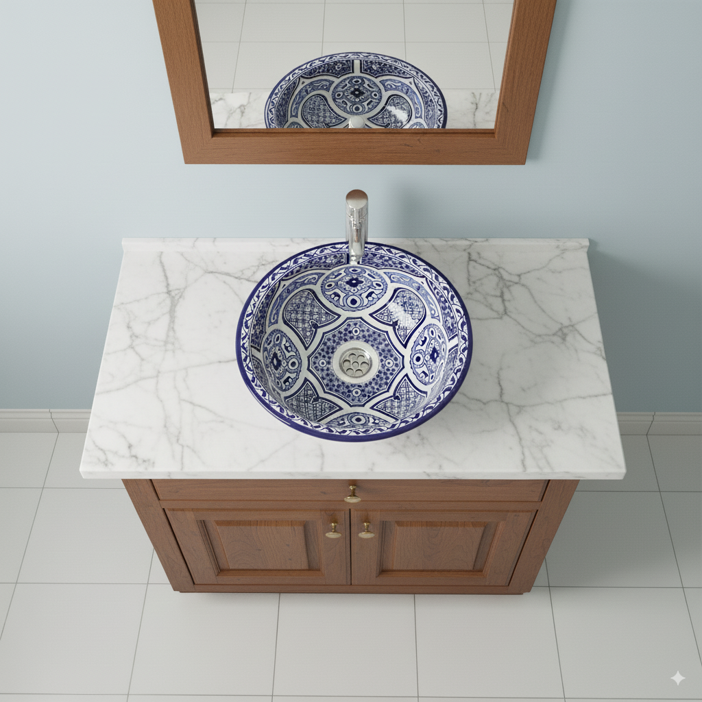 Moroccan Sink Washbasin Wash Basin Ceramic Handmade Blue Free Waste (SW119)